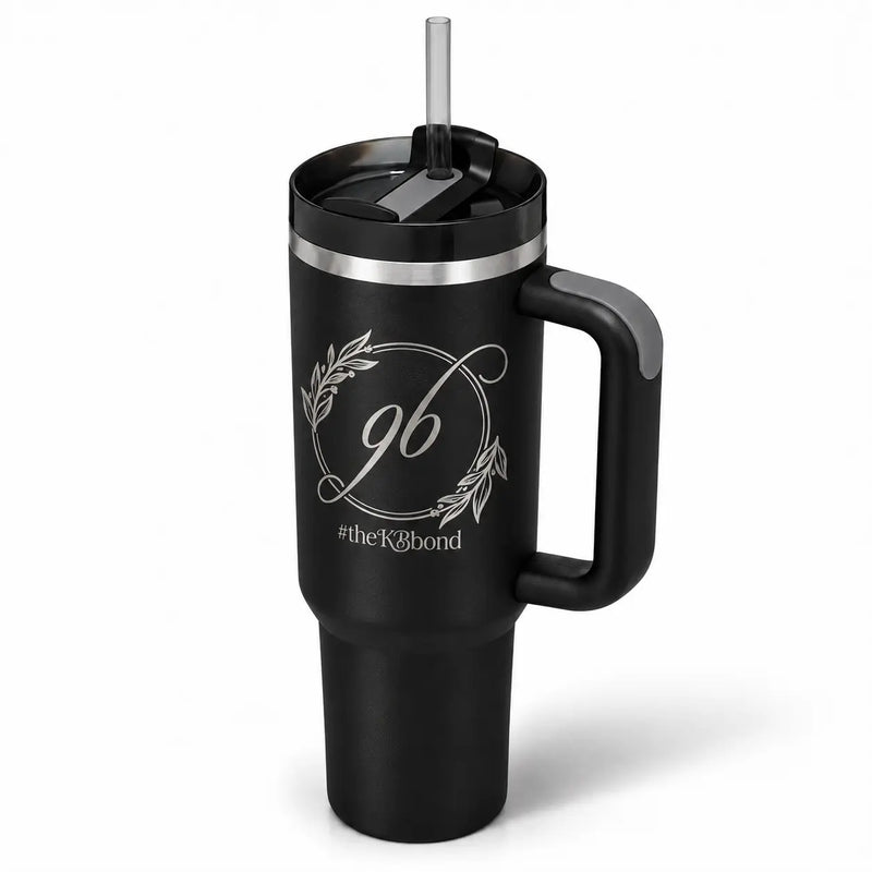 black handle tumbler with straw, laser engraved custom monogram wreath