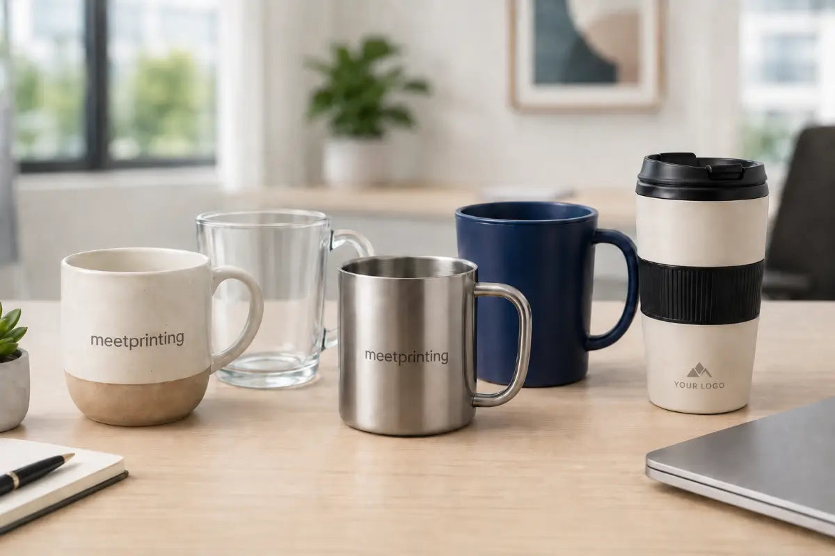 different custom logo mugs on office desk