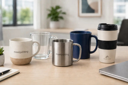 different custom logo mugs on office desk