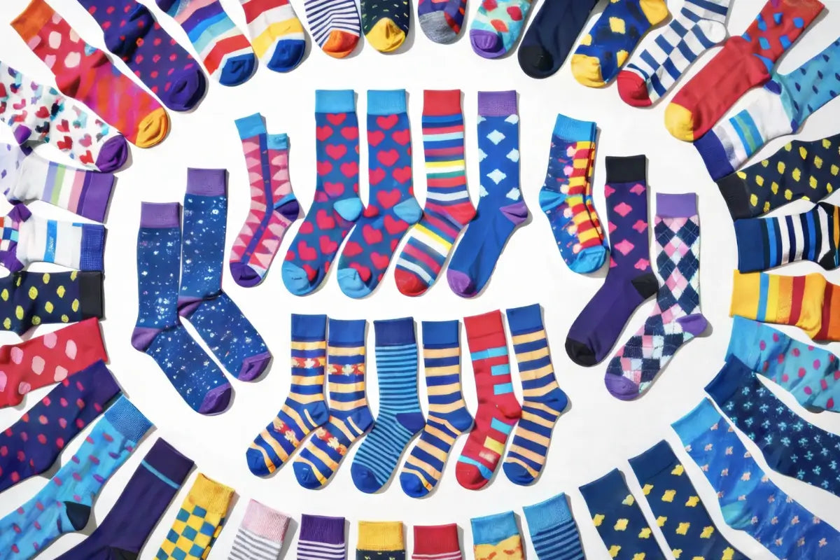 Colorful patterned socks arranged in a circle on white background