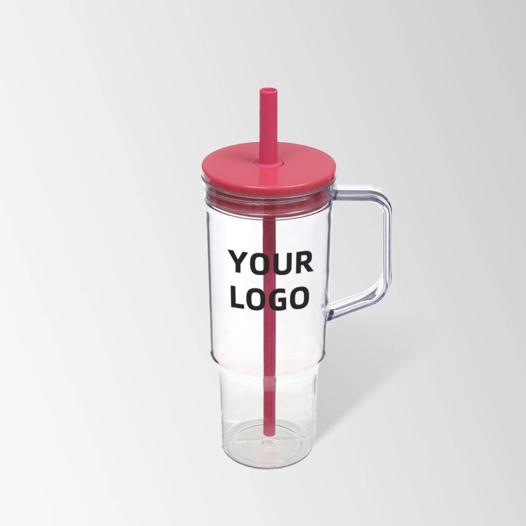 40 oz. red plastic tumbler with handle and straw custom logo