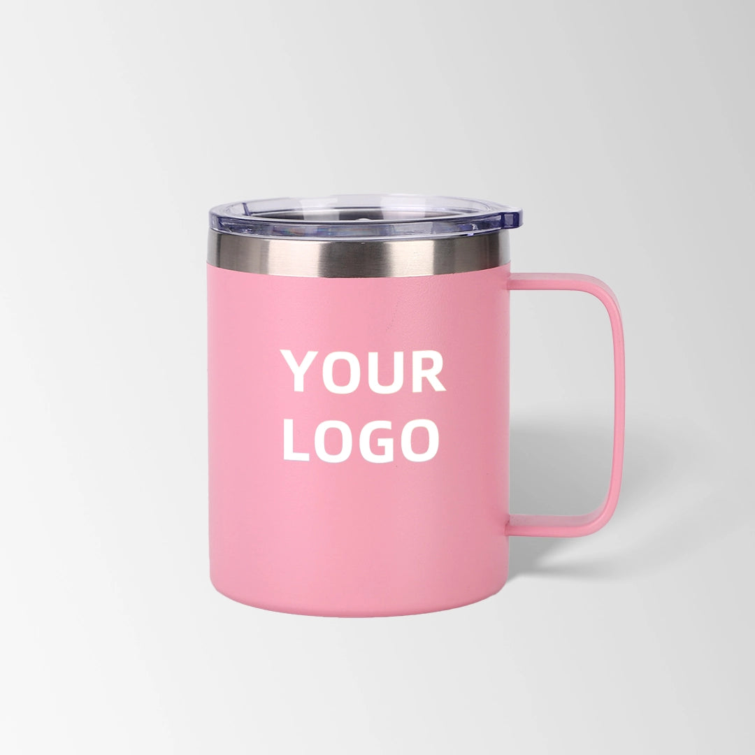 Pink insulated coffee mug with lid custom logo