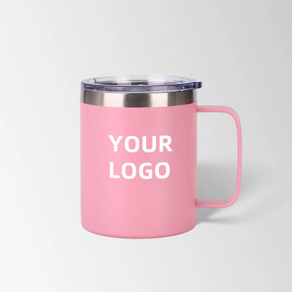 Pink insulated coffee mug with lid custom logo