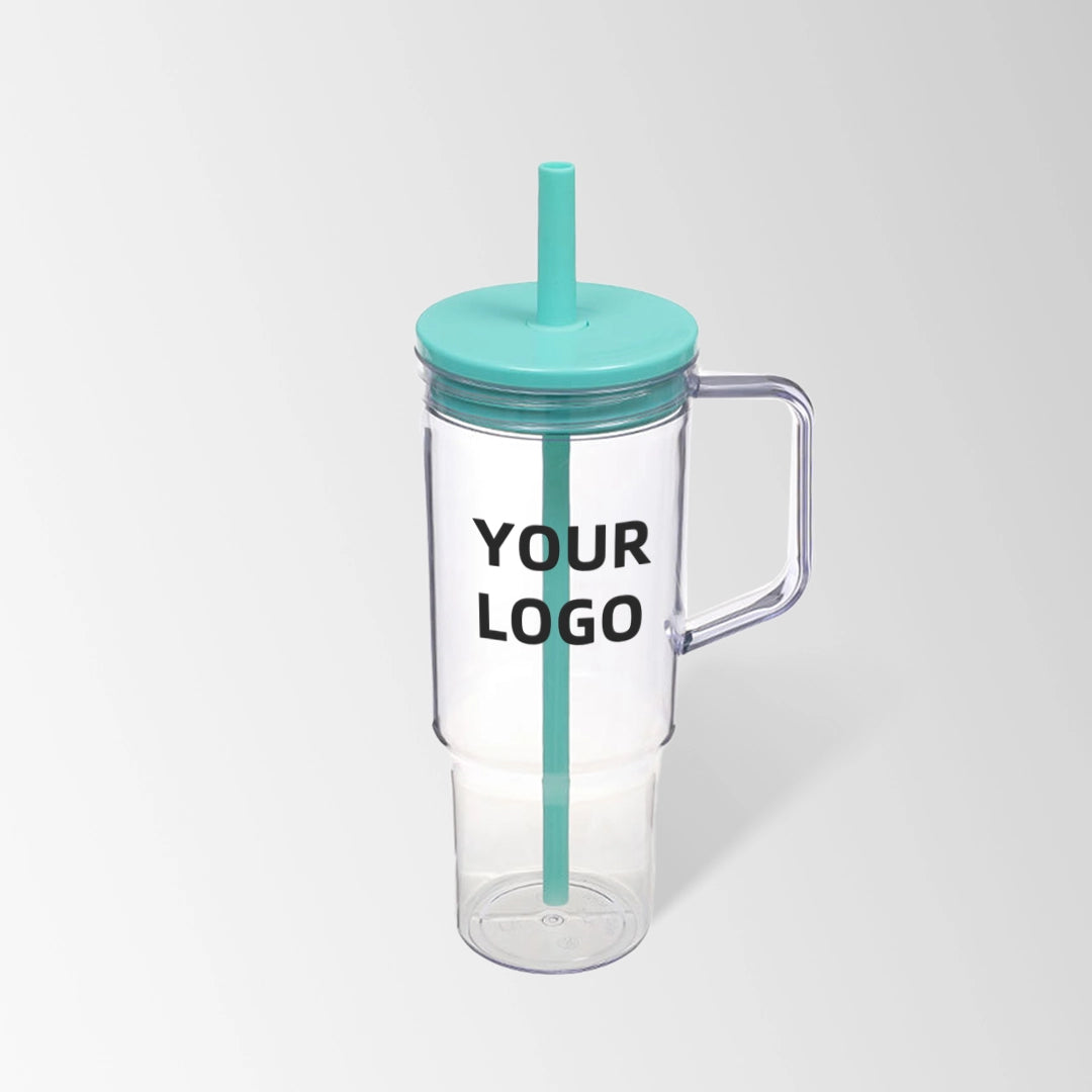 40 oz. teal green plastic tumbler with handle and straw custom logo