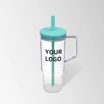 40 oz. teal green plastic tumbler with handle and straw custom logo