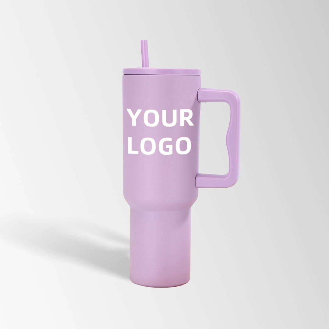 Purple tumbler with handle and straw custom logo