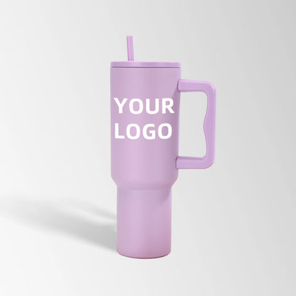 Purple tumbler with handle and straw custom logo