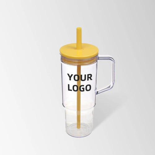 40 oz. yellow plastic tumbler with handle and straw custom logo