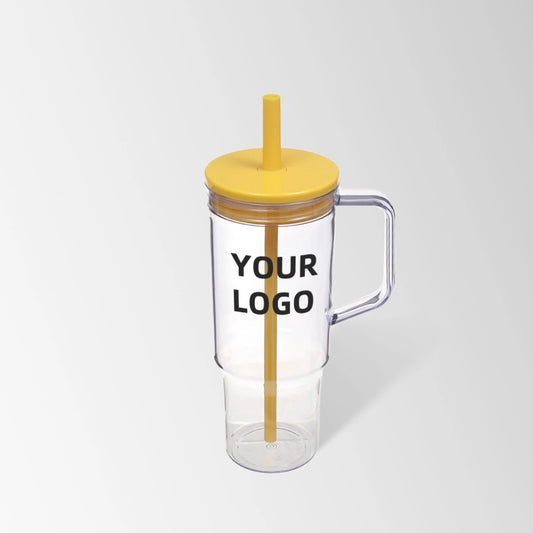 40 oz. yellow plastic tumbler with handle and straw custom logo
