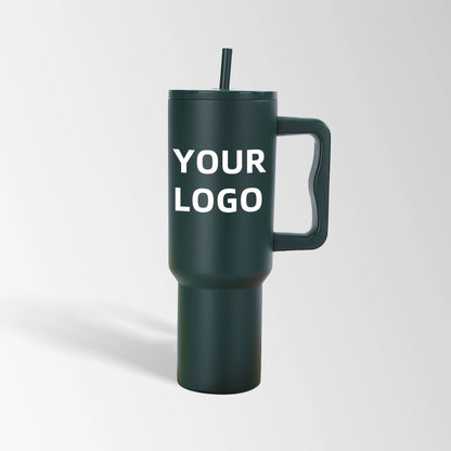 Dark green tumbler with handle and straw custom logo