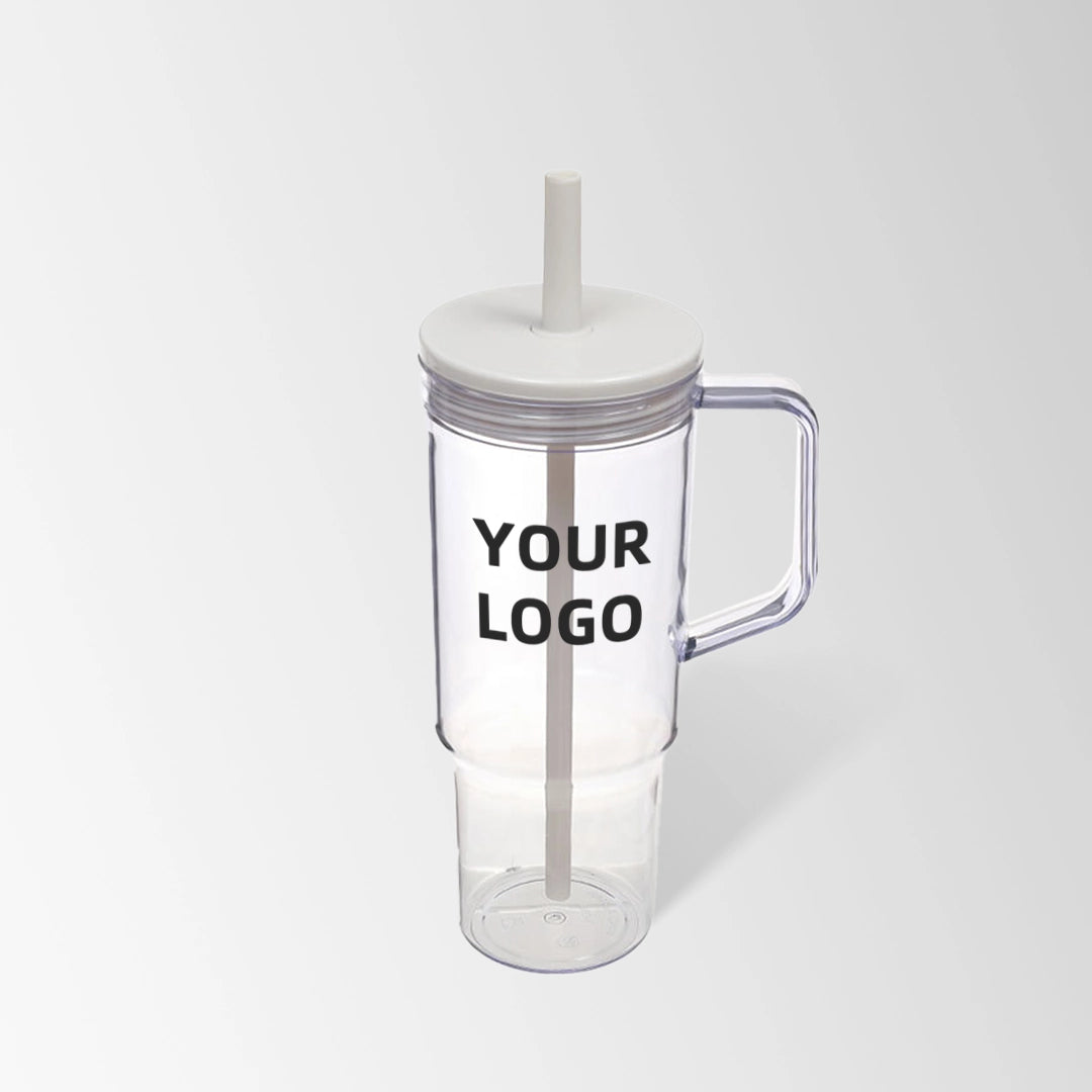 40 oz. white plastic tumbler with handle and straw custom logo