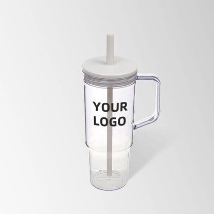40 oz. white plastic tumbler with handle and straw custom logo