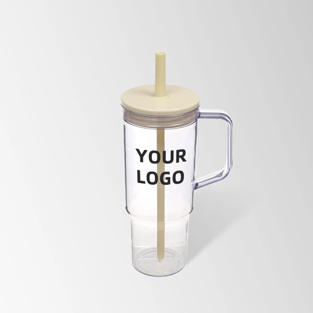 40 oz. cream white plastic tumbler with handle and straw