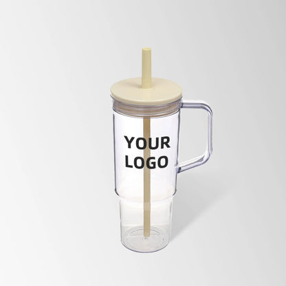 40 oz. cream white plastic tumbler with handle and straw
