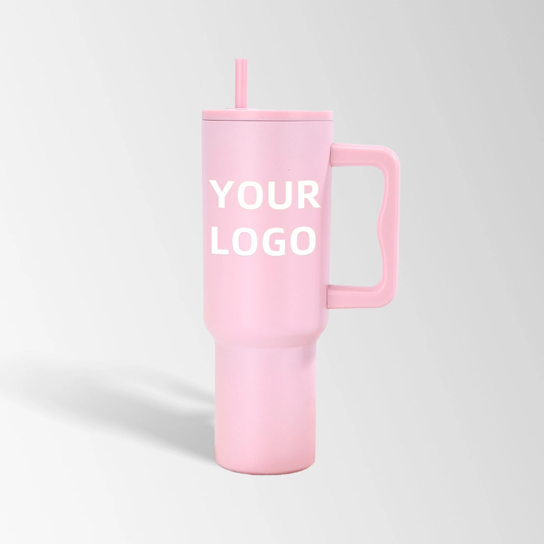 Pink tumbler with handle and straw custom logo