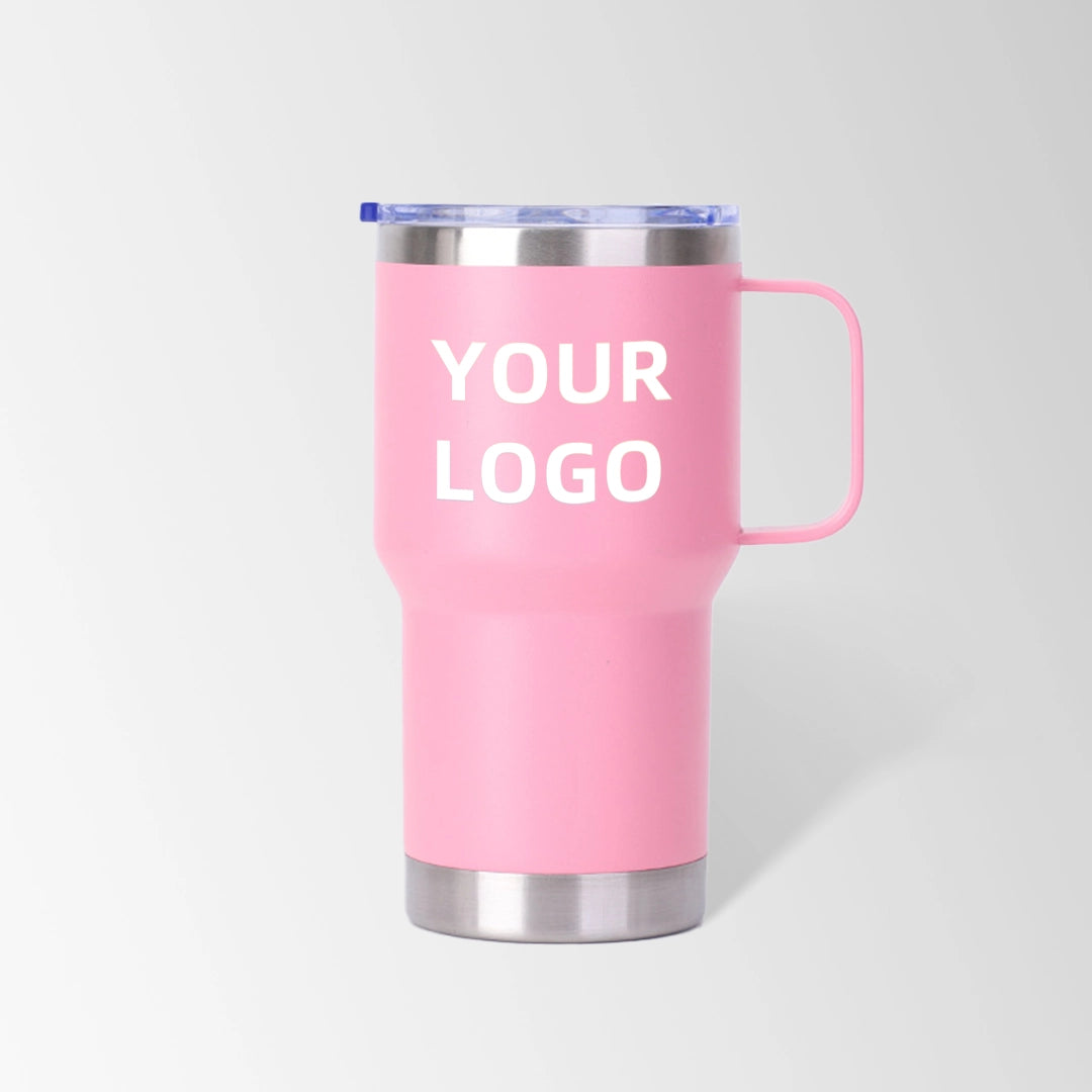 Pink travel tumbler with handle custom logo