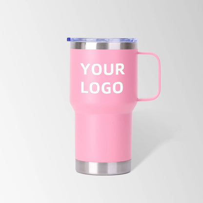 Pink travel tumbler with handle custom logo