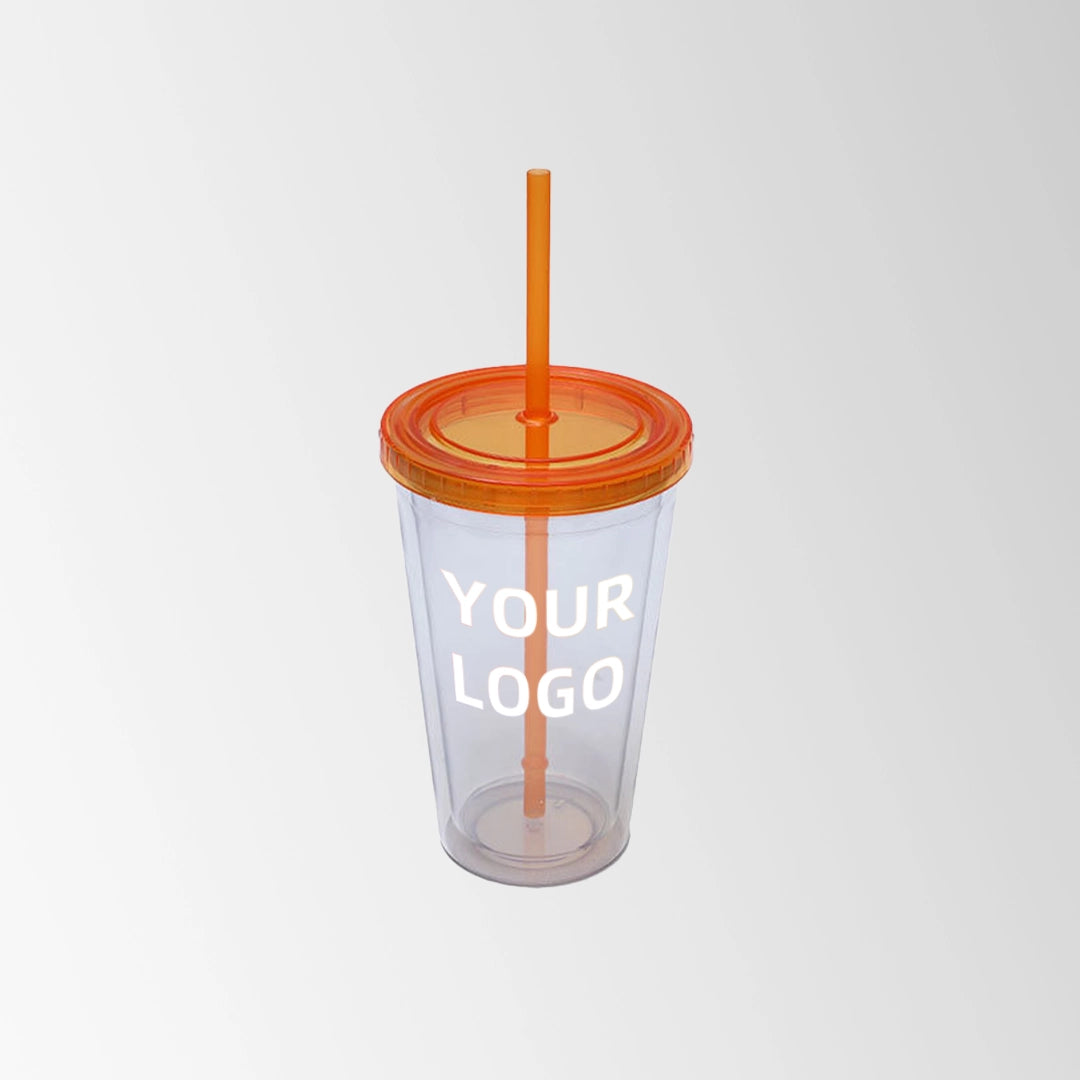 plastic tumbler with orange lid and straw