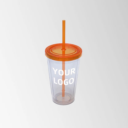 plastic tumbler with orange lid and straw