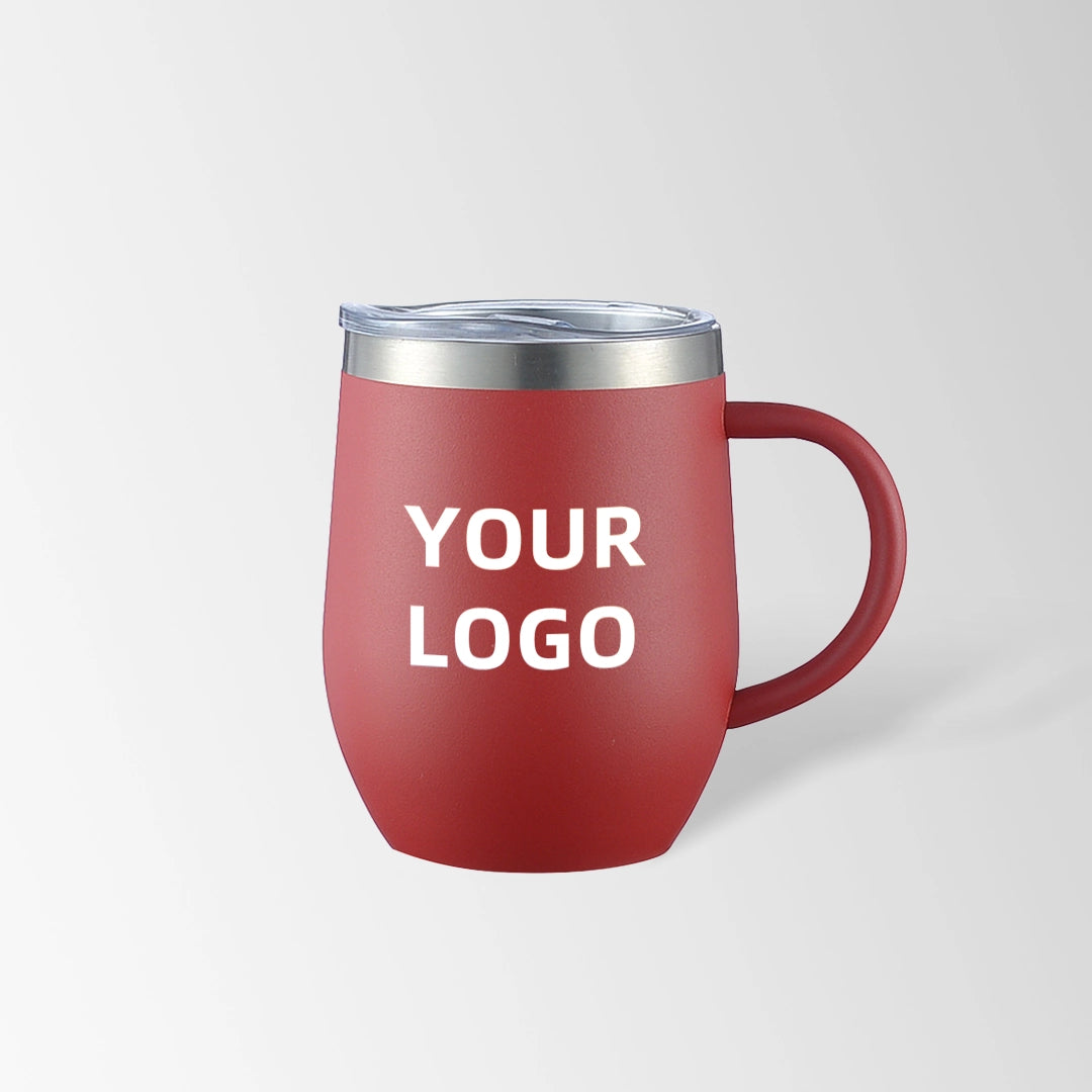 Red insulated coffee mug with handle custom logo