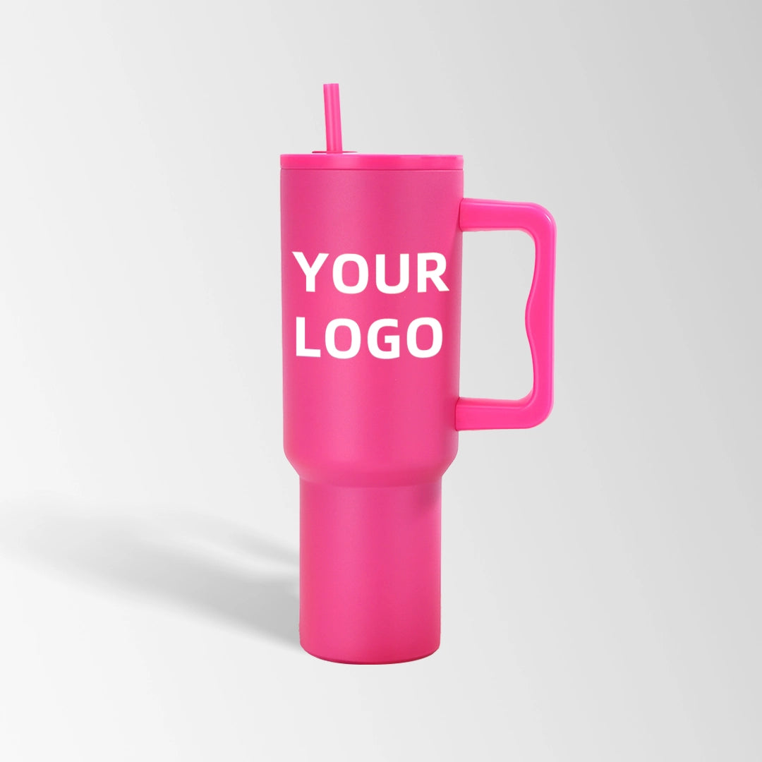 Rose red tumbler with handle and straw custom logo