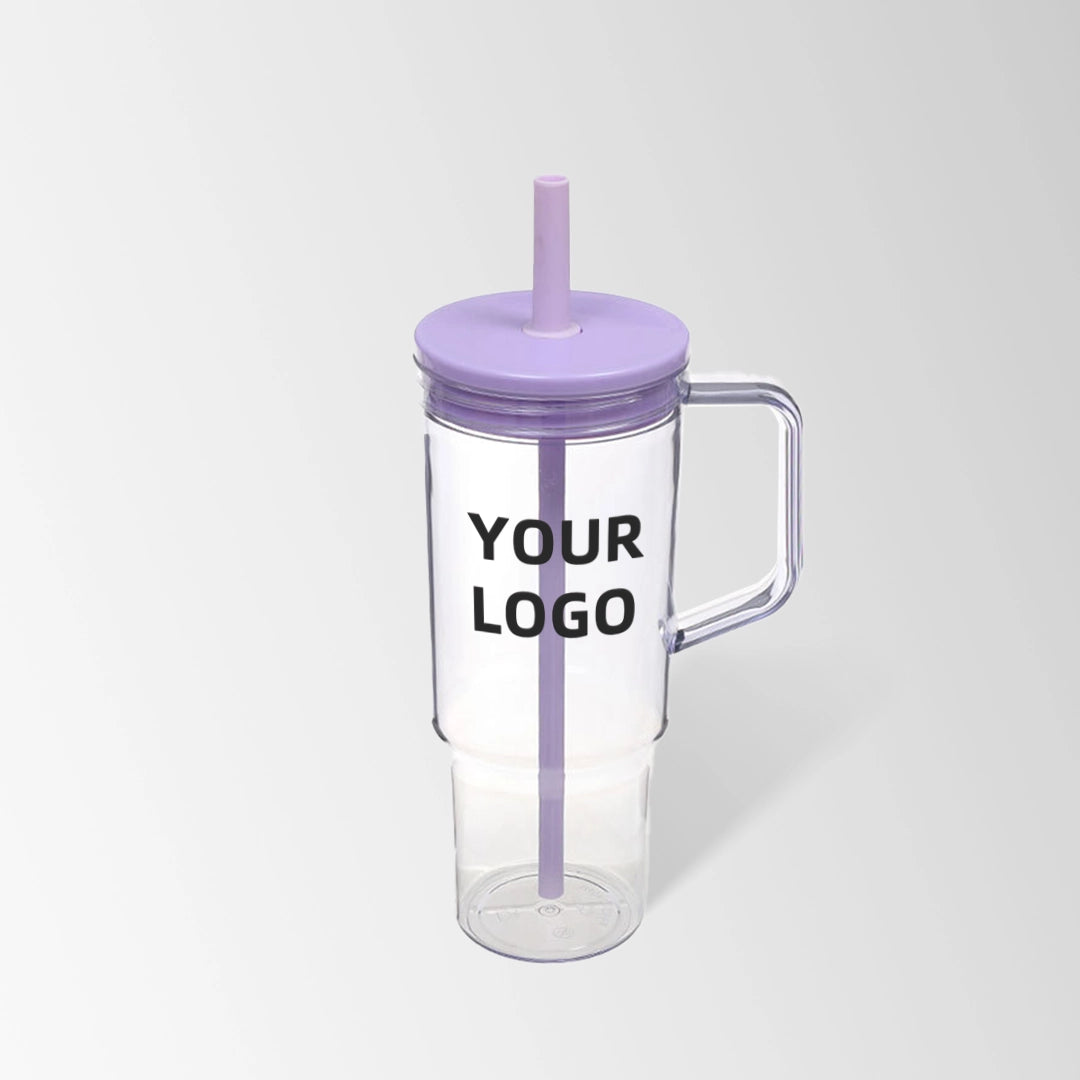 40 oz. lavender plastic tumbler with handle and straw custom logo