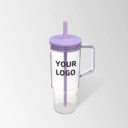 40 oz. lavender plastic tumbler with handle and straw custom logo