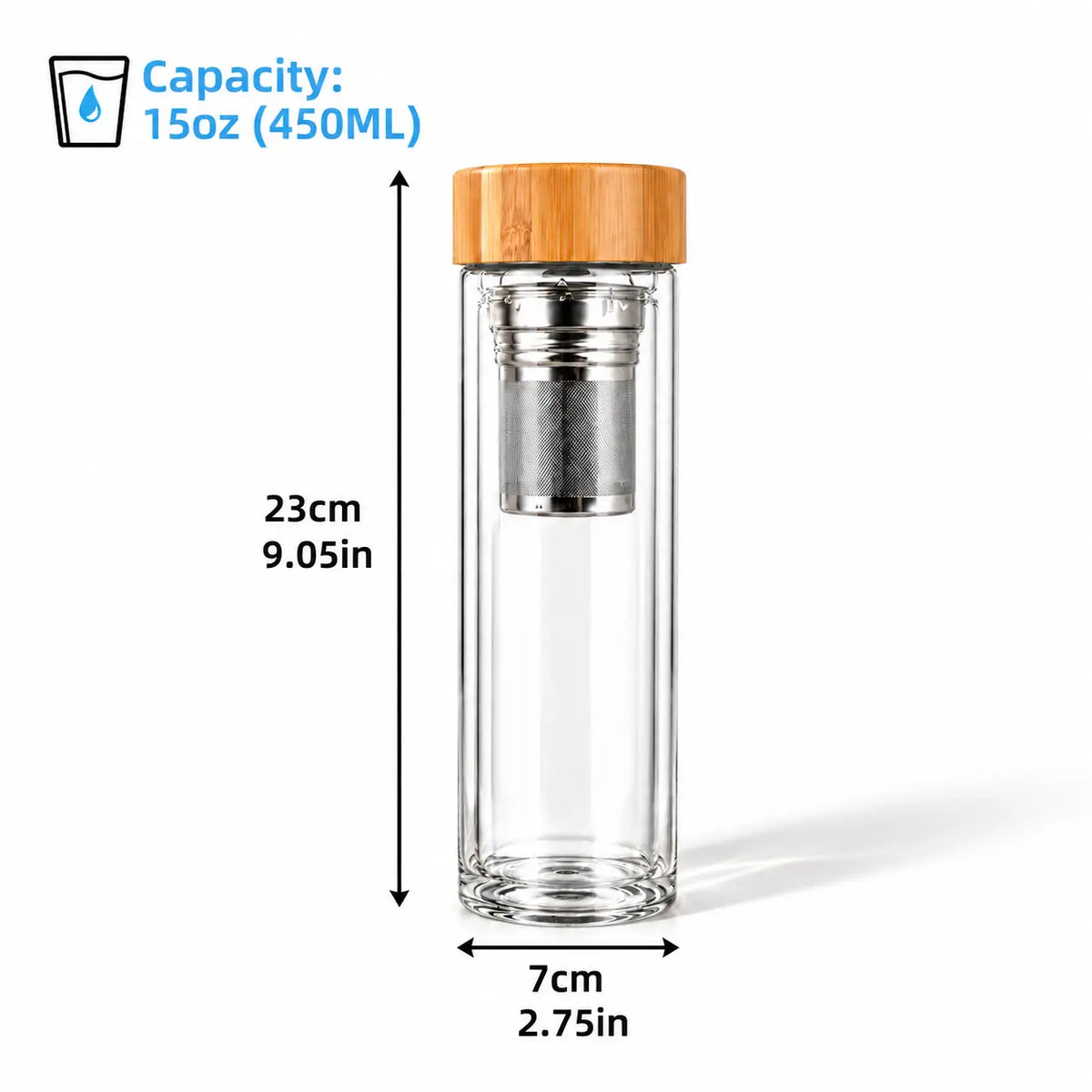 15 oz. Glass Water Bottle with Tea Infuser Size Dimensions