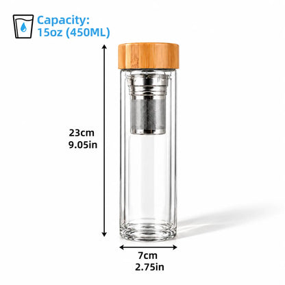 15 oz. Glass Water Bottle with Tea Infuser Size Dimensions