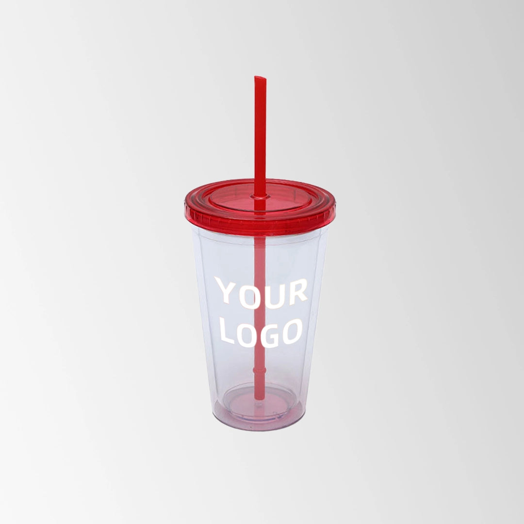 plastic tumbler with red lid and straw custom logo
