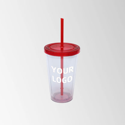 plastic tumbler with red lid and straw custom logo