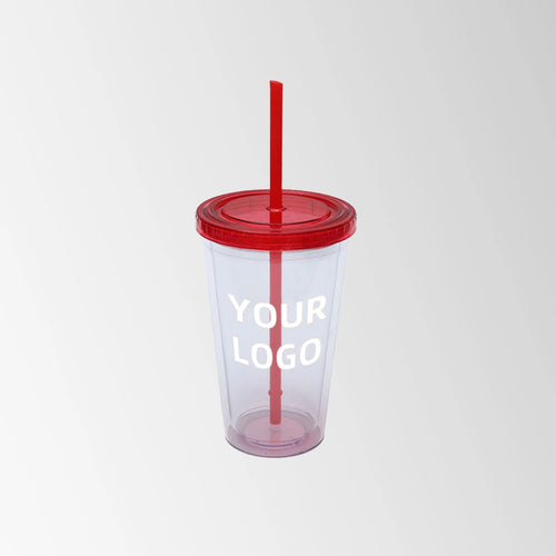 plastic tumbler with red lid and straw custom logo