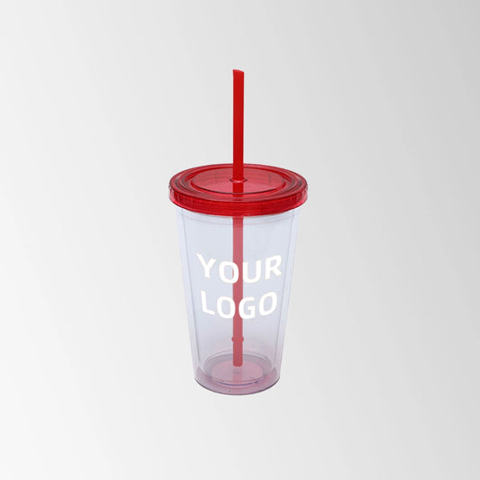 plastic tumbler with red lid and straw custom logo