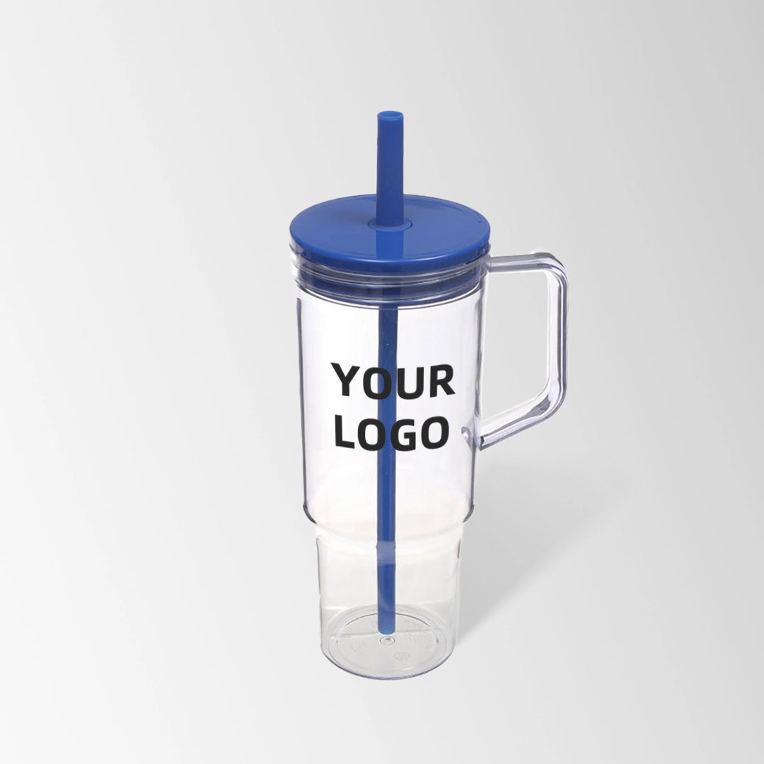 40 oz. dark blue plastic tumbler with handle and straw custom logo