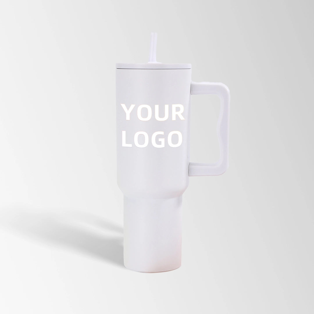 White tumbler with handle and straw custom logo