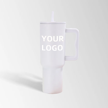 White tumbler with handle and straw custom logo