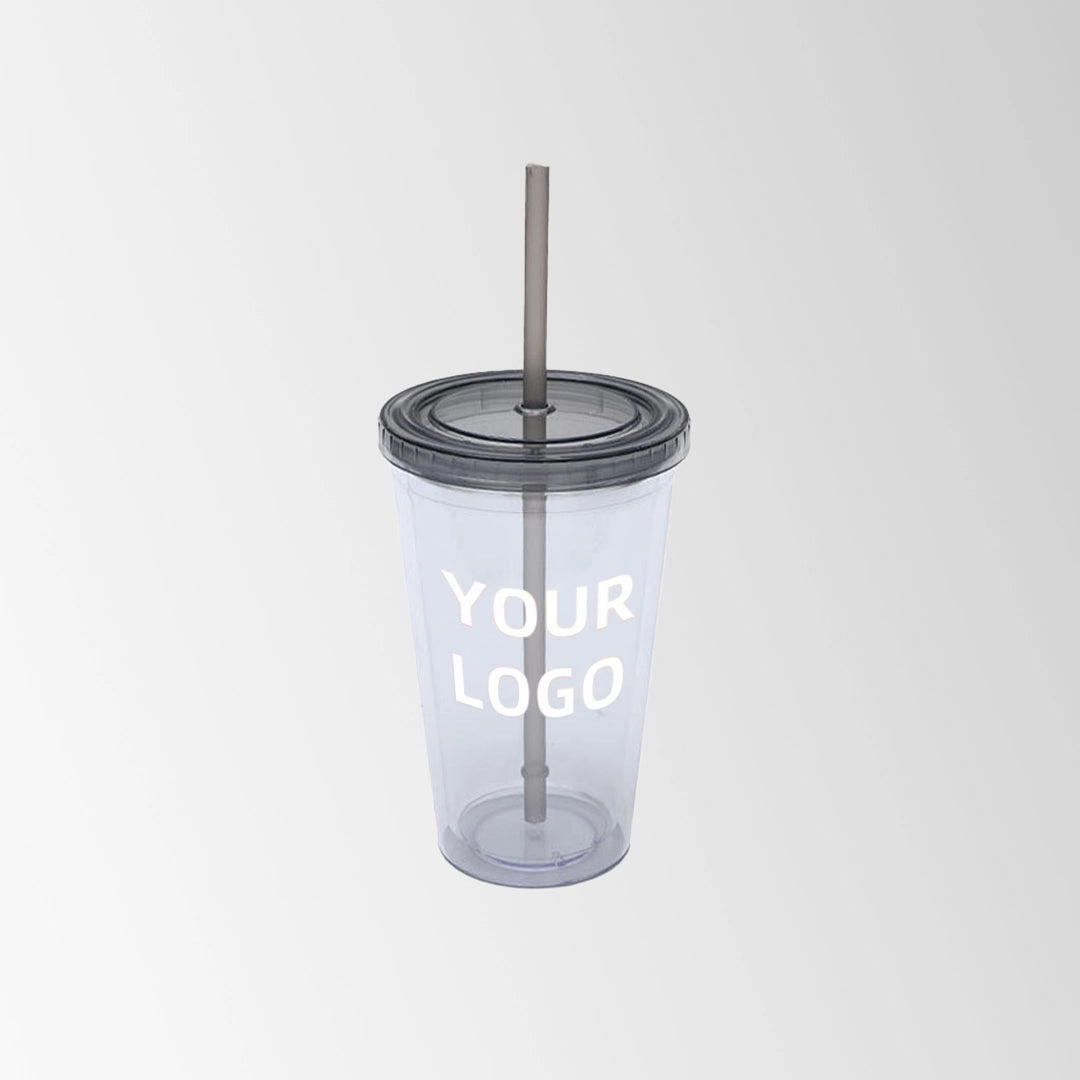 plastic tumbler with gray lid and straw custom logo