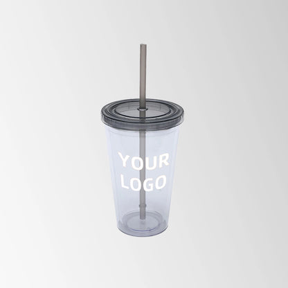 plastic tumbler with gray lid and straw custom logo