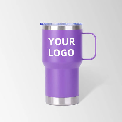 Purple travel tumbler with handle custom logo