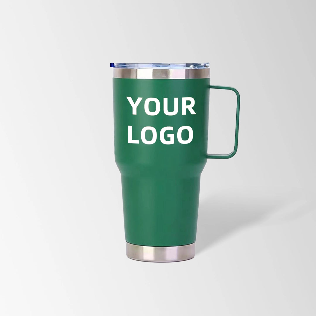 Green tumbler with handle custom logo