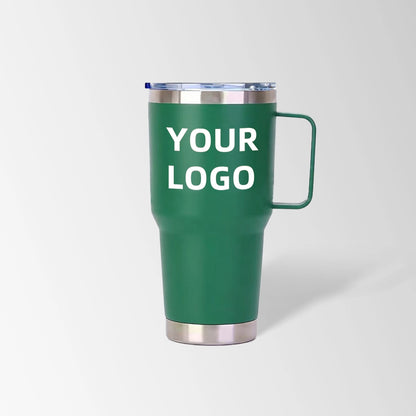 Green tumbler with handle custom logo