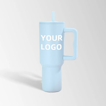 Sky blue tumbler with handle and straw custom logo