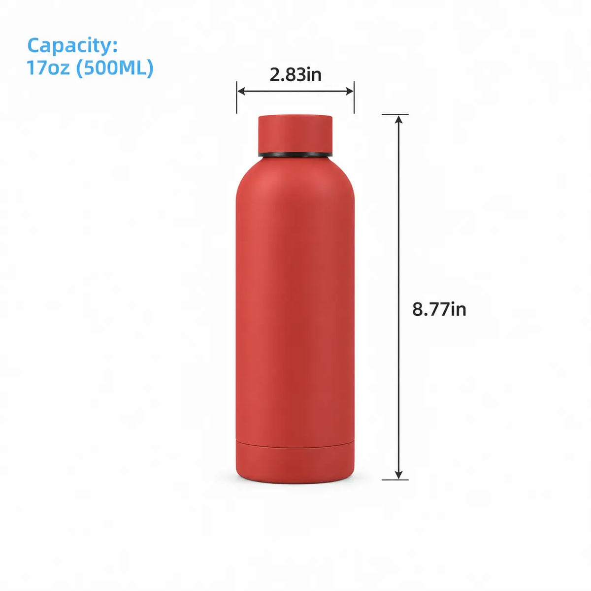17 oz. red water bottle size and dimensions view