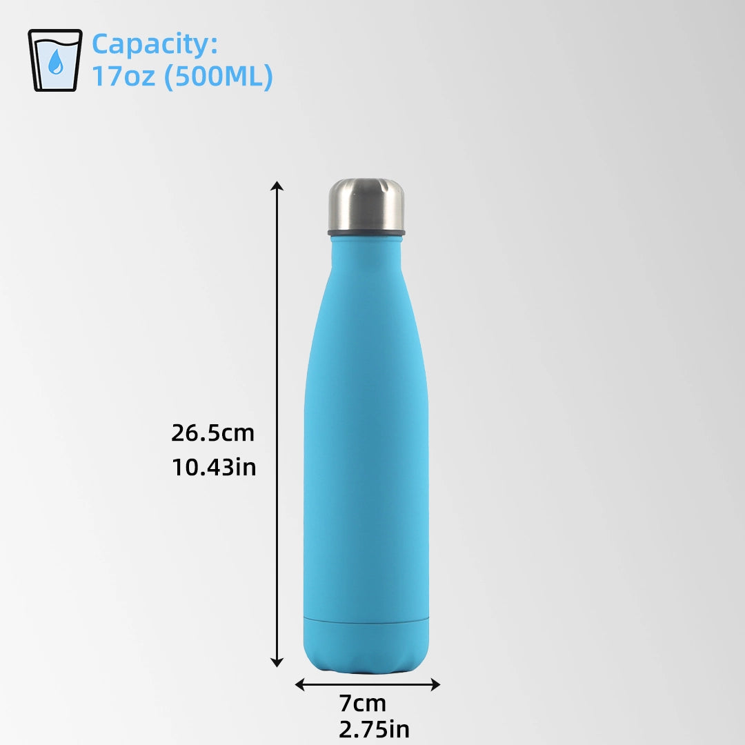 17 oz blue cola-shaped stainless steel water bottle size and capacity chart
