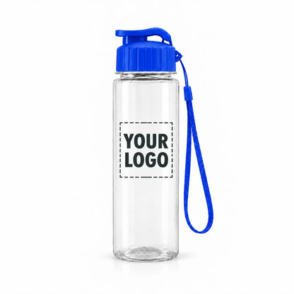 17 oz flip-top plastic water bottle with carry strap in blue