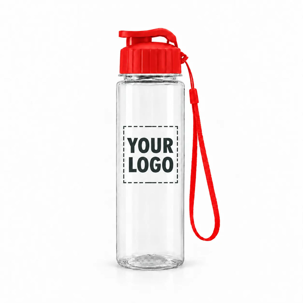 17 oz flip-top plastic water bottle with carry strap in red