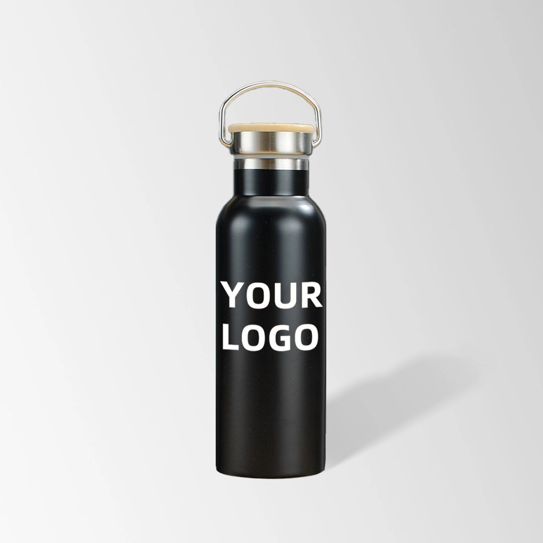 17 oz. black stainless steel water bottle with bamboo lid