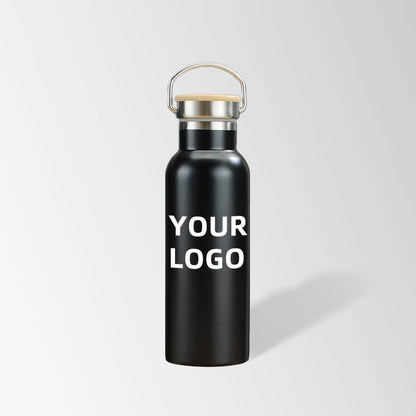 17 oz. black stainless steel water bottle with bamboo lid