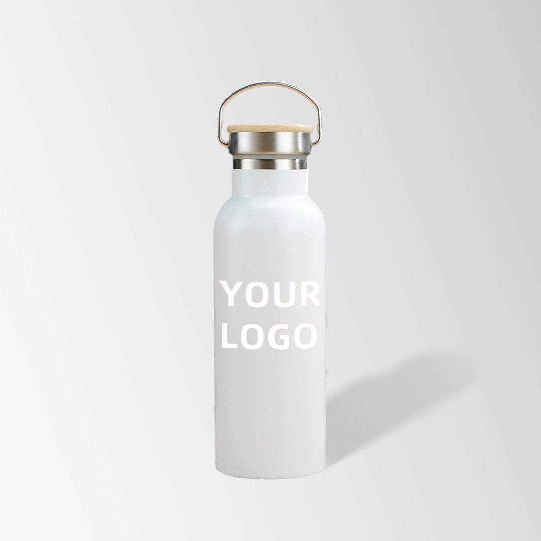 17 oz. white stainless steel water bottle with bamboo lid