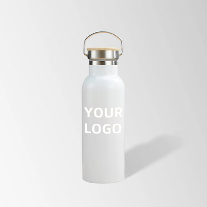 17 oz. white stainless steel water bottle with bamboo lid